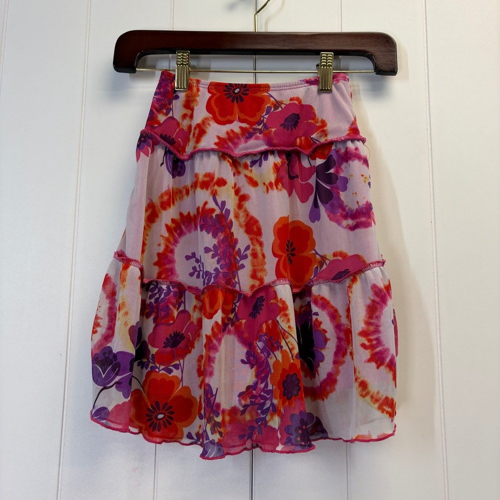 BCX Girl Y2K Tiered Ruffle Floral Mesh Skirt Girls Size 7 Boho Fairy Peasant